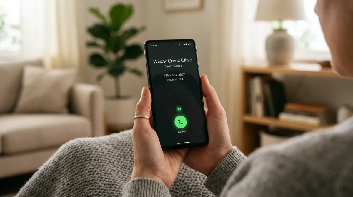 Patient at home receiving a call back from a clinic on her phone — a call is a conversion action, not yet a patient