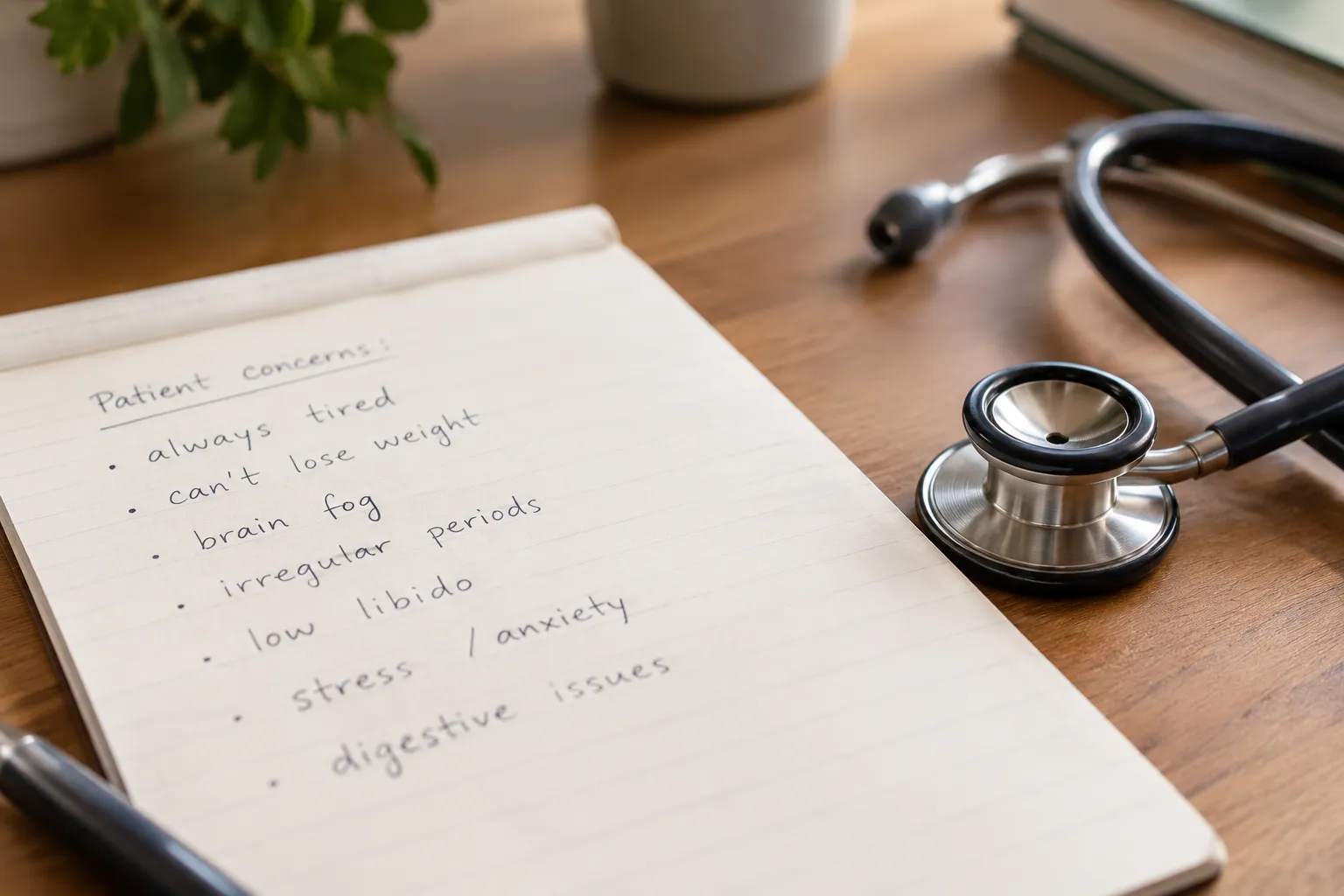 Handwritten notepad listing patient concerns like always tired and can't lose weight, next to a stethoscope