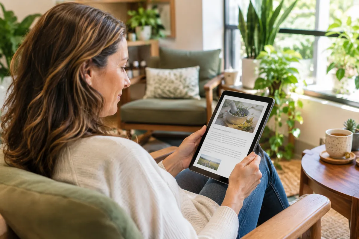 Patient reading a holistic clinic's educational article on a tablet in the waiting area