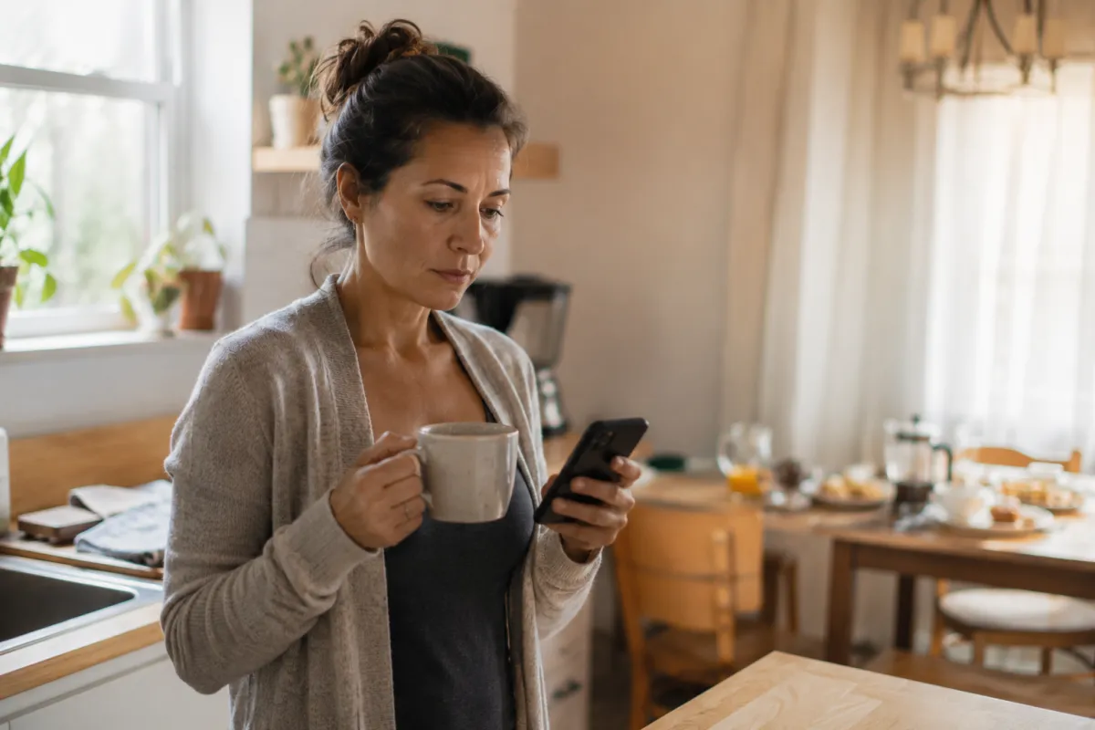 Woman researching her symptoms on her phone in her kitchen before finding a naturopathic clinic