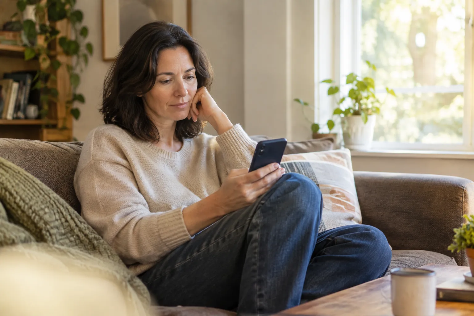 Woman sitting on a couch at home looking thoughtfully at her phone