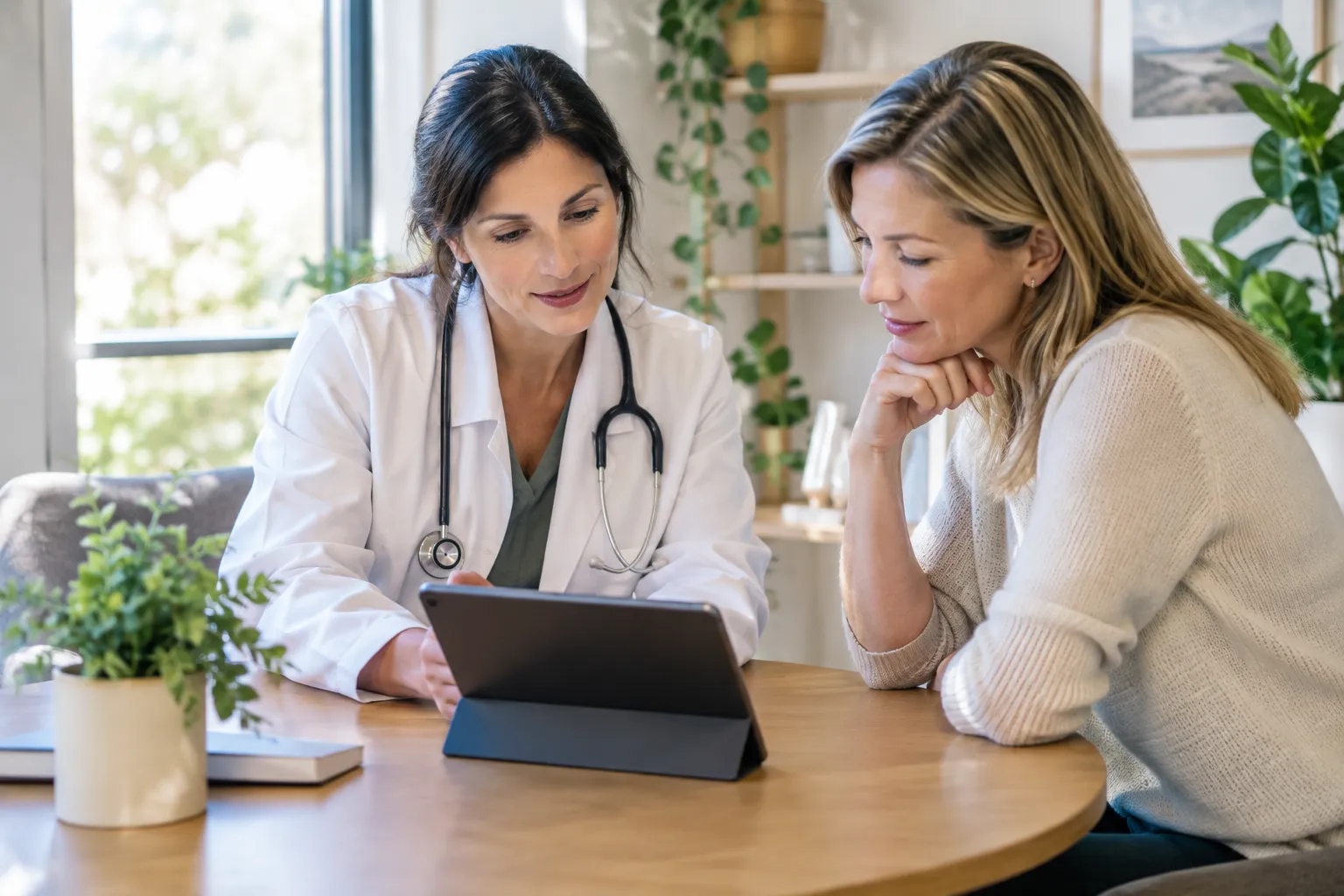 Physician reviewing information on a tablet with a patient during an in-person consultation