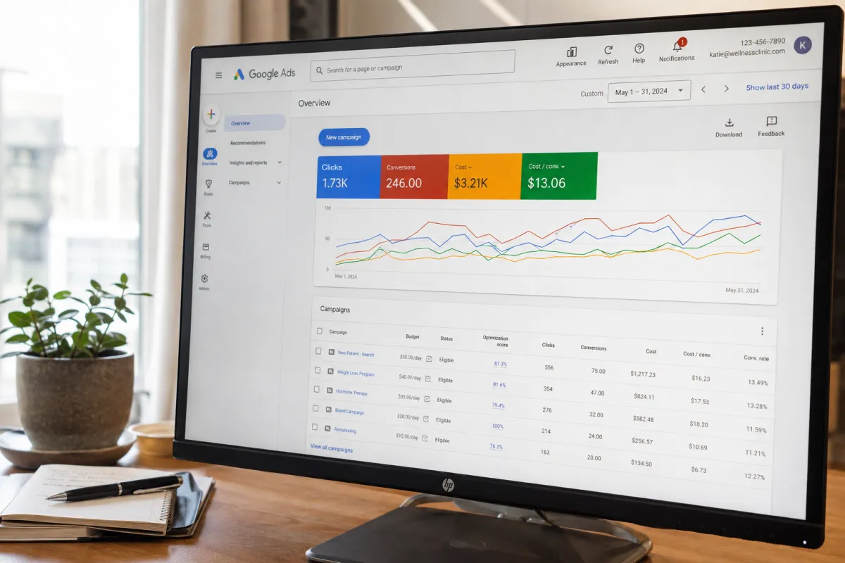 Google Ads dashboard showing a naturopathic clinic's campaign performance
