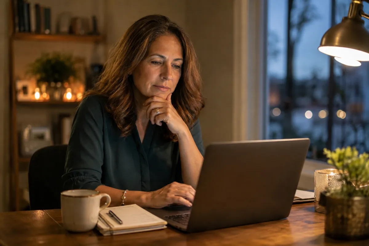 Functional medicine practice owner weighing the decision to hire a marketing agency at her desk