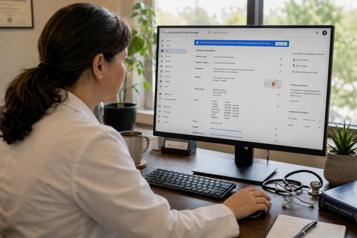 Functional medicine doctor working through her clinic's Google Business Profile fixes