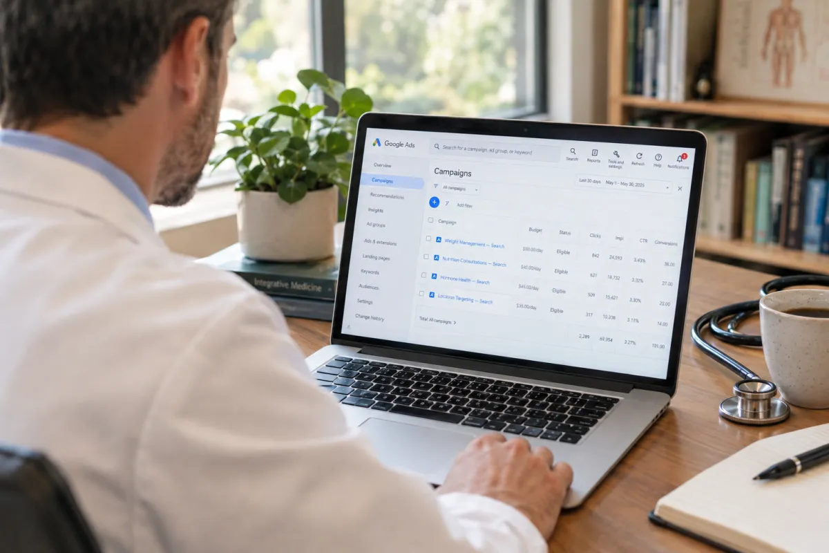 Physician reviewing his weight loss clinic's Google Ads search campaigns