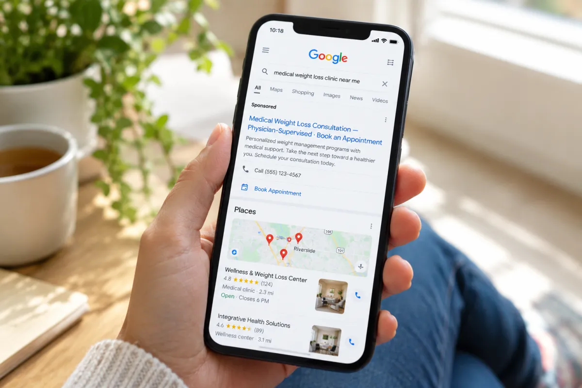 Compliant sponsored Google search ad for a physician-supervised medical weight loss consultation