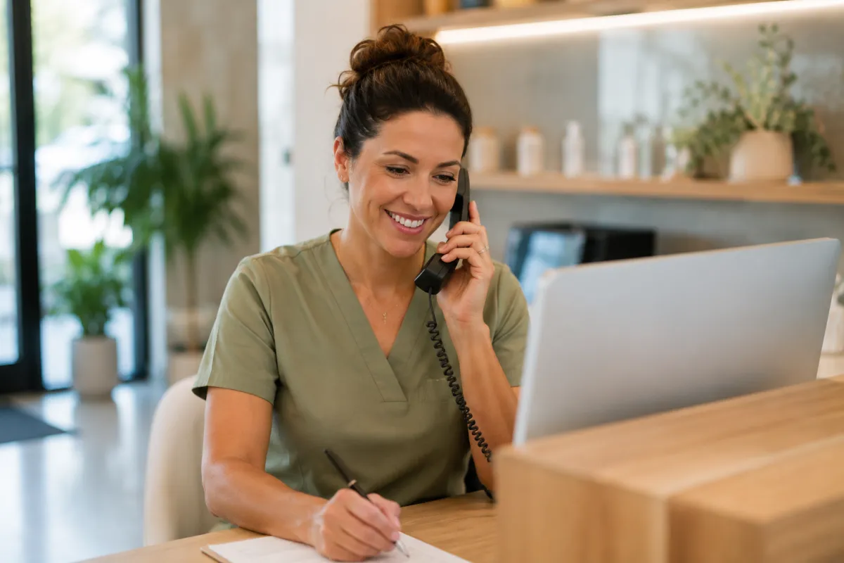 Wellness clinic front desk coordinator booking a consultation over the phone