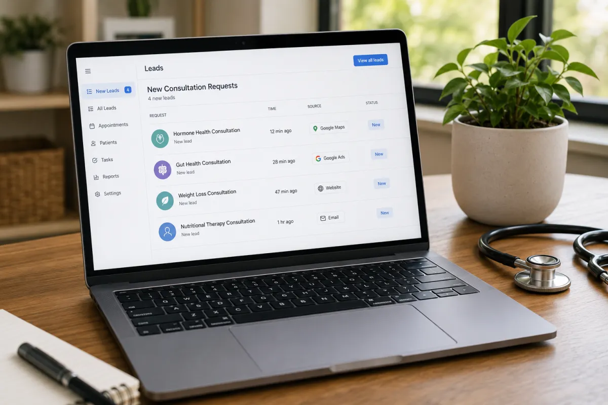 Wellness clinic lead dashboard showing new consultation requests from Google Maps, Google Ads, website and email