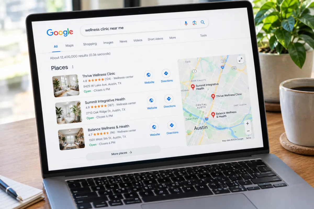 Google search results for wellness clinic near me showing the local map pack with three rated clinics