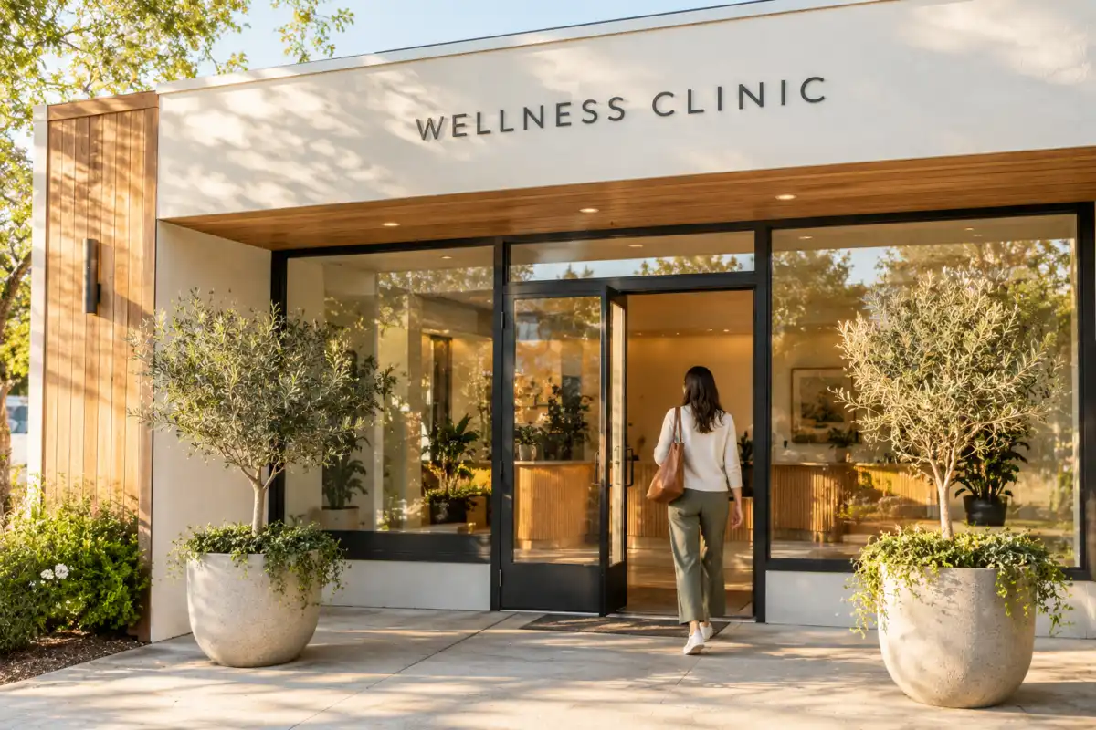Patient walking into a welcoming wellness clinic entrance on a sunny morning