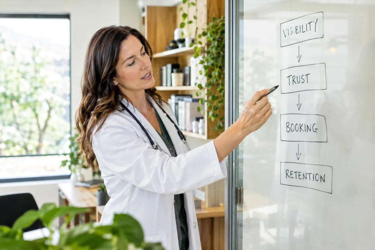 Functional medicine doctor sketching a patient pipeline funnel — visibility, trust, booking, retention — on a glass wall