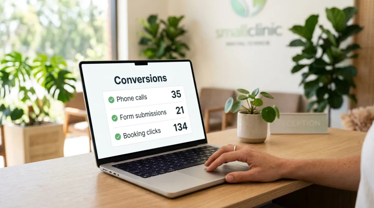 Clinic owner reviewing Google Ads conversion tracking results on a laptop